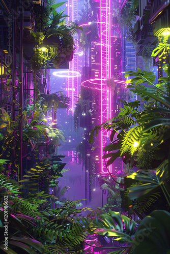 Embrace a cyberpunk twist in your gardening guide cover art with an eye-level view of futuristic plants intertwined with neon lights and metallic structures using CG 3D rendering technique photo