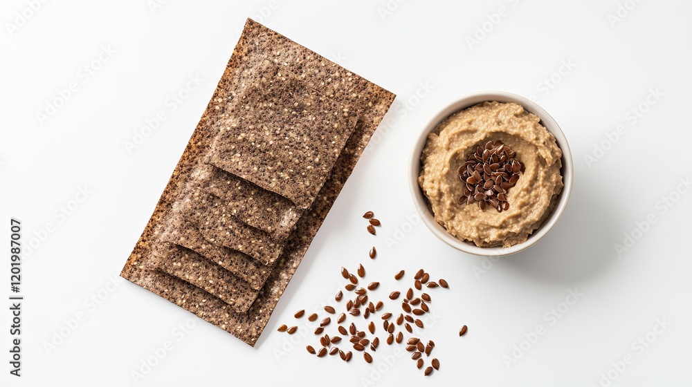 A package of flaxseed crackers arranged beside a small bowl of hummus A package of flaxseed crackers arranged beside a small bowl of hummus