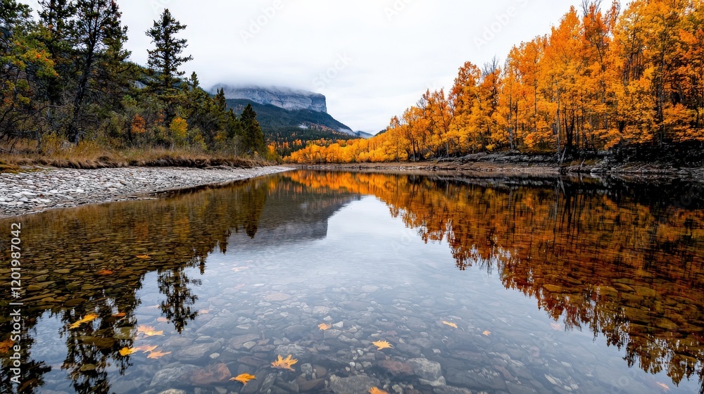 Fototapeta premium A tranquil river bend reflecting the colors of autumn, with golden leaves and still waters