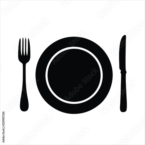 Plate, fork and knife icon concept. Plate, fork and knife vector linear illustration, symbol, sign, plate knife fork icon, fork plate icon Eps10, plate fork icon