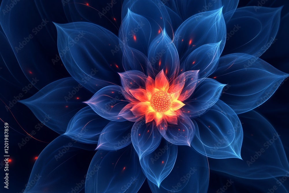 Obraz premium A detailed abstract representation of a luminous flower with a bright orange center, surrounded by deep blue petals that create a captivating contrast against a dark background