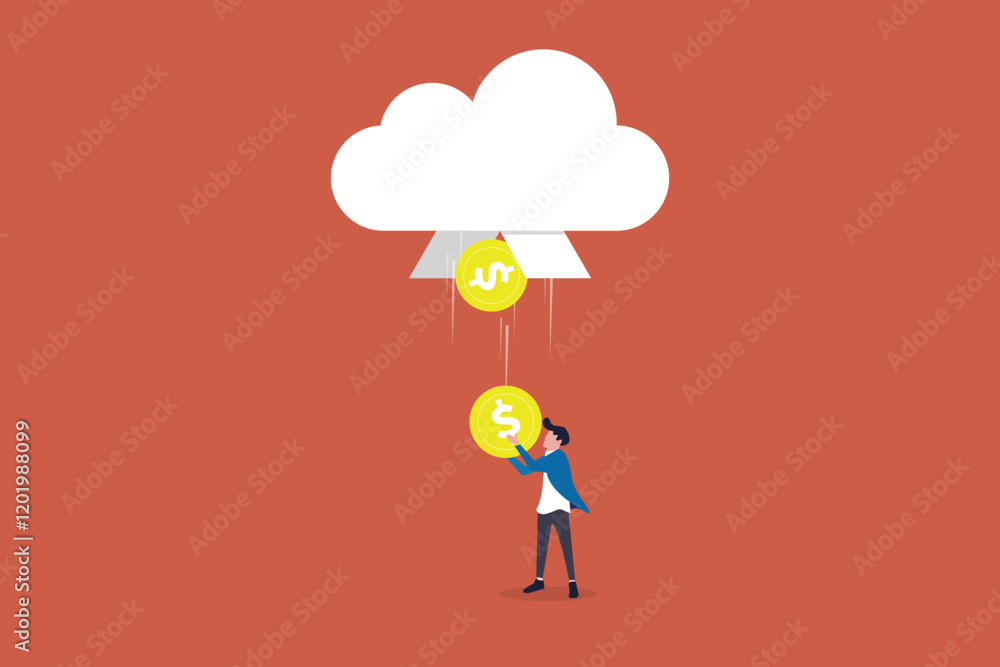 Businessman get money rain through the cloud, get rich, easy money, inheritance, profitable project Businessman get money rain through the cloud, get rich, easy money, inheritance, profitable project