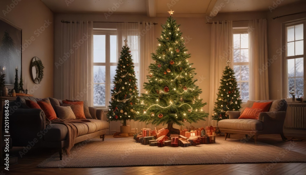 A Christmas tree in a warm and cozy living room, inviting decor, comfortable seating, cozy atmosphere A Christmas tree in a warm and cozy living room, inviting decor, comfortable seating, cozy atmosphere