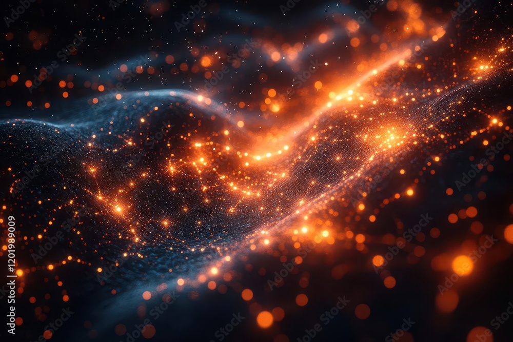 Obraz premium a quantum network visualization with crystalline data nodes floating in deep space, connected by streams of iridescent light, featuring complex mathematical symbols and binary code