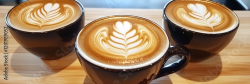 Three Cups of Latte Art - Three dark cups filled with creamy latte, each showcasing intricate leaf design in the foam. photo