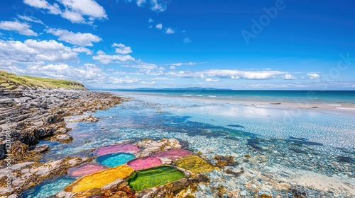 An asymmetrical beach scene with vibrant tide pools nestled among jagged rocks on one side and a flat, sunny shore extending into the distance photo