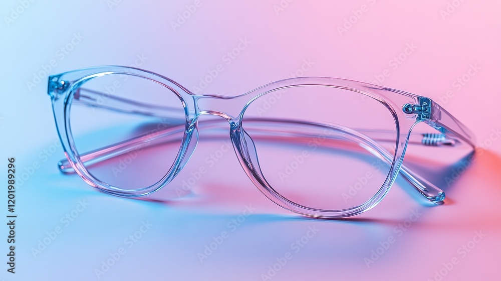 A pair of crystal-clear eyeglasses lying on a minimalist, pastel-colored surface. A pair of crystal-clear eyeglasses lying on a minimalist, pastel-colored surface.