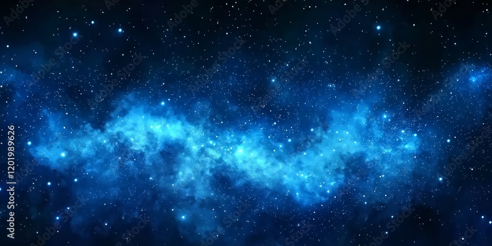 Fototapeta premium Beautiful blue watercolor space background featuring stars and a nebula.