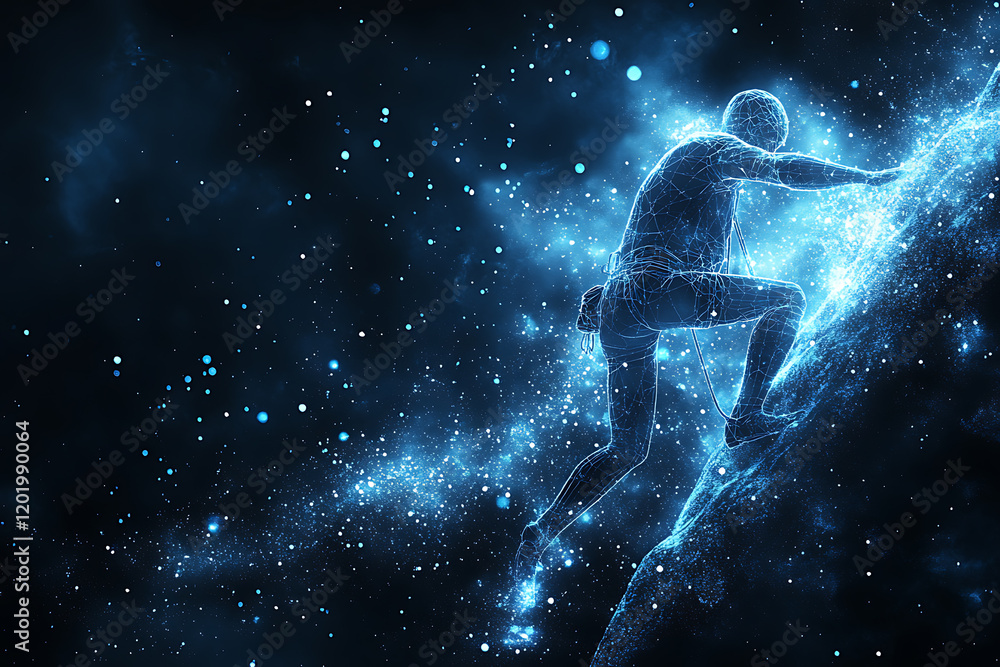 A glowing wireframe of a man climbing a steep rock wall, rendered on a transparent background, highlighted by a combination of blue and black data elements A glowing wireframe of a man climbing a steep rock wall, rendered on a transparent background, highlighted by a combination of blue and black data elements