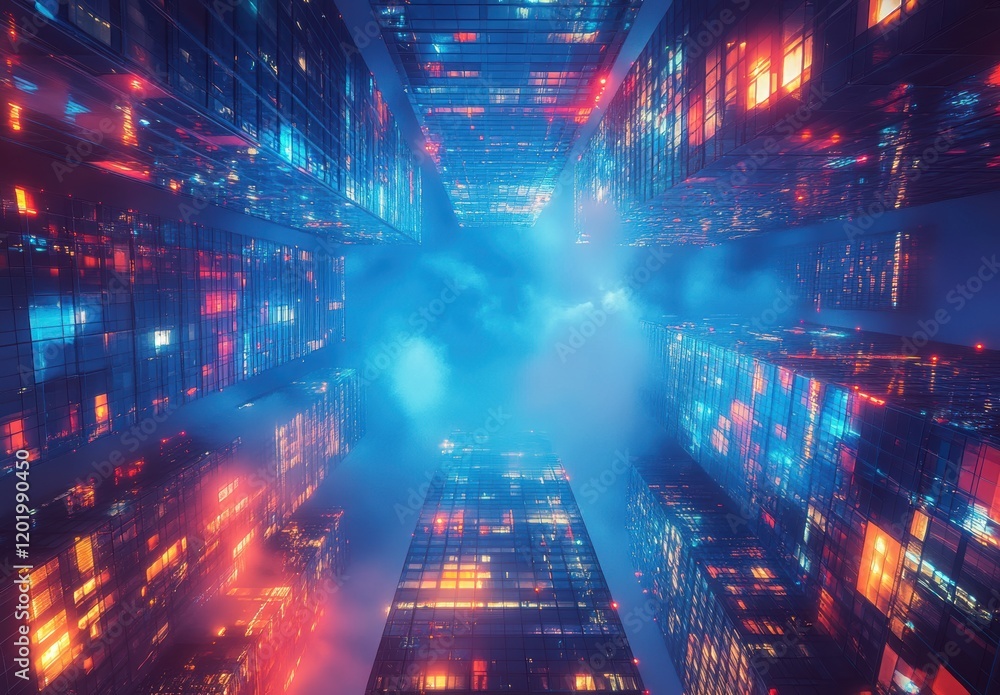 Obraz premium Futuristic Urban Landscape with Gleaming Skyscrapers Under a Cloudy Night Sky, Radiating Neon Lights and Vibrant Colors in a Modern Metropolitan Setting