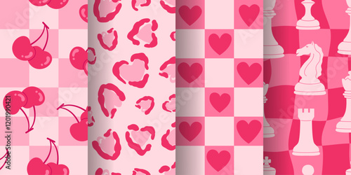Set of four seamless Valentine’s Day patterns featuring cherries, hearts, leopard print, and chess pieces in shades of pink. Y2K style. Perfect for festive designs, wrapping paper, and holiday themes.