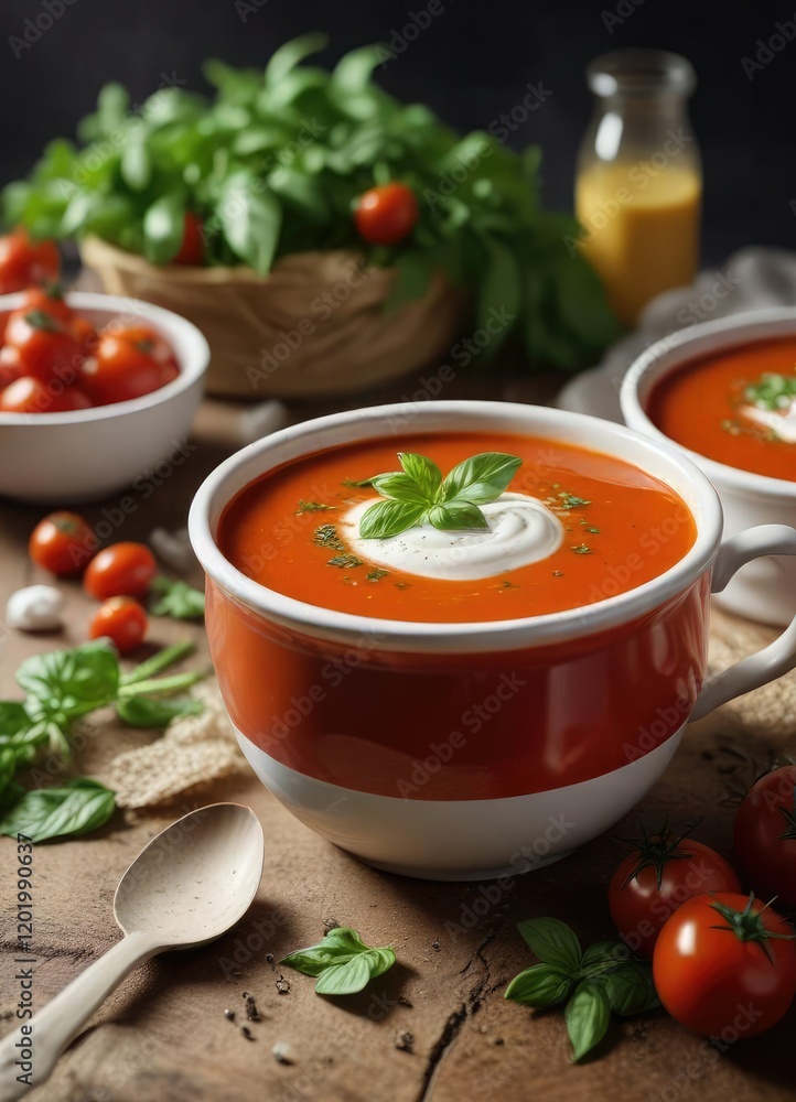 A steaming bowl of tomato soup topped with a sprig of fresh basil and a dollop of sour cream , creamy, comforting soup A steaming bowl of tomato soup topped with a sprig of fresh basil and a dollop of sour cream , creamy, comforting soup