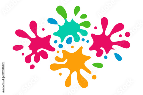 Vibrant Paint Splatters and Ink Blots Blue, Yellow, Green, and Pink on a Transparent Background