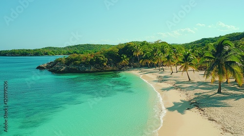 Serene Tropical Beach Scene With Palm Trees And Clear Water