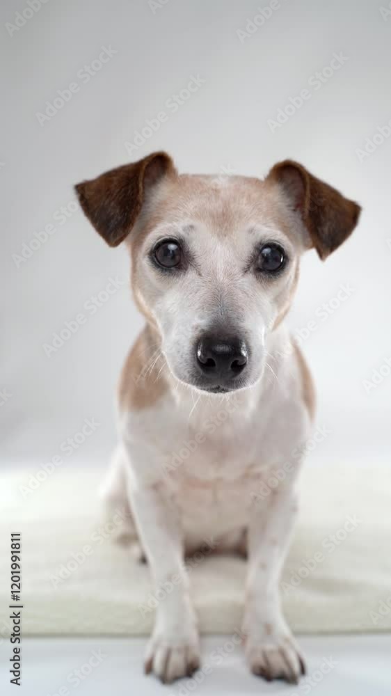 Dog on white vertical video. Cute elderly 15 years old pet Jack Russell terrier sitting on white background staring at the camera looking at you and waiting. Happy calm small dog Dog on white vertical video. Cute elderly 15 years old pet Jack Russell terrier sitting on white background staring at the camera looking at you and waiting. Happy calm small dog
