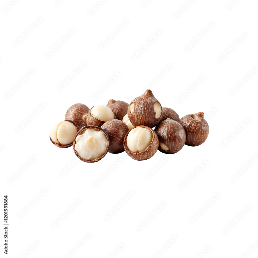 Macadamia Nuts Closeup: A cluster of macadamia nuts, both whole and cracked open, revealing their creamy white interiors, ready to be enjoyed. Macadamia Nuts Closeup: A cluster of macadamia nuts, both whole and cracked open, revealing their creamy white interiors, ready to be enjoyed.