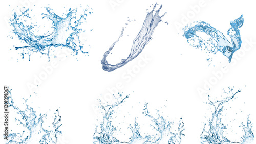Water splash. Isolate waves, liquid drops, ocean or sea drops, cold drink, Features circular splash, water crown, abstract splashes, and water drops on a white background in crystal clear blue tones.