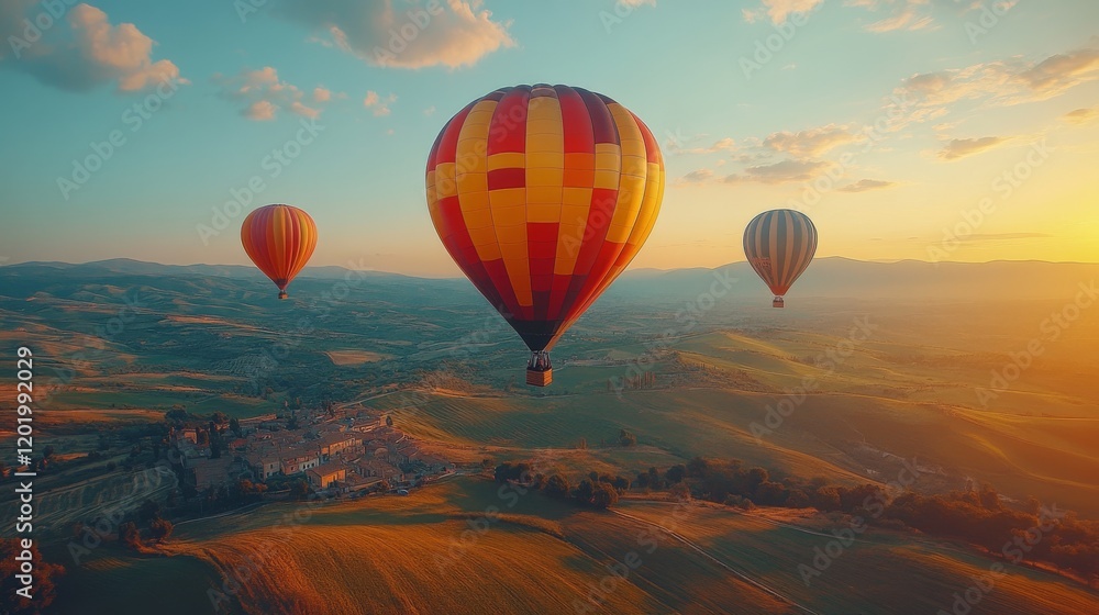 Fototapeta premium Three hot air balloons float peacefully over the rolling hills during a golden sunrise casting a warm glow across the landscape