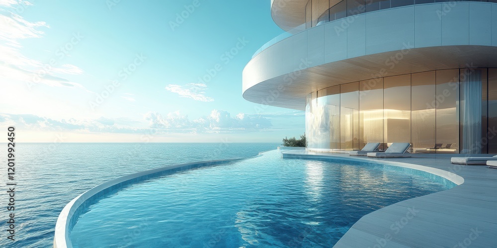 Fototapeta premium Luxurious Infinity Pool Overlooking Serene Ocean with Modern Architecture in Bright Natural Light and Clear Blue Sky Ideal for Relaxation and Tranquility