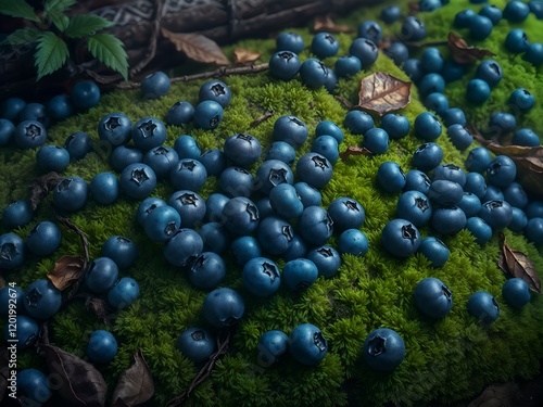 Blueberries scattered on forest moss photo