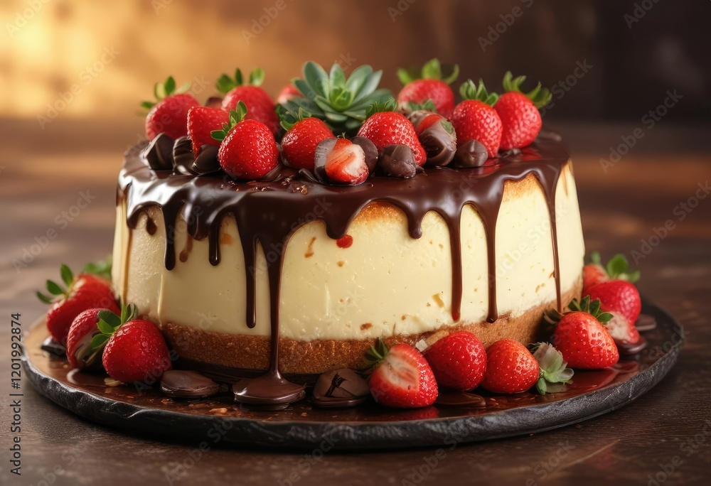 A luxurious cheesecake with a layer of succulent strawberries and melted chocolate on top, creamy cheesecake, luxury dessert, gourmet cheesecake A luxurious cheesecake with a layer of succulent strawberries and melted chocolate on top, creamy cheesecake, luxury dessert, gourmet cheesecake
