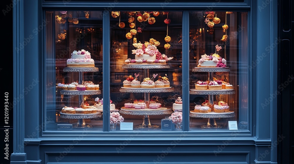 A pastry shop window featuring artistic cakes and tarts on tiered stands A pastry shop window featuring artistic cakes and tarts on tiered stands