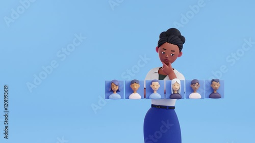Animation of woman selecting a person, headhunter. 3d render. Hiring concept, new employees, recruitment. Choose best job candidates, resume. Human resource management. Cartoon style video