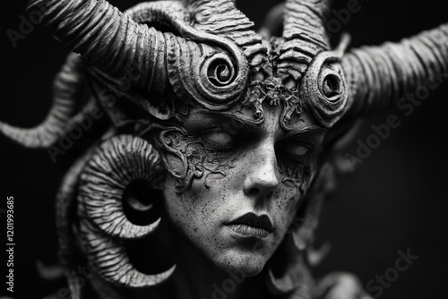 Portrait of a demon with intricate horns and dark shadows, capturing the eerie and menacing essence of this sinister mythical creature in a detailed fantasy art piece. photo