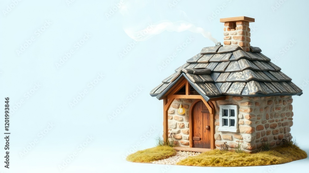 Fototapeta premium A tiny cottage with a chimney puffing out soft white smoke, rustic charm, enchanted forest