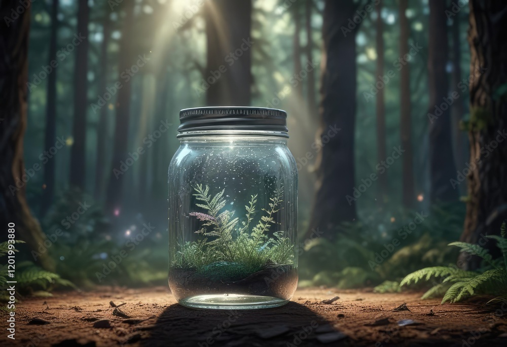 Fototapeta premium A mason jar containing iridescent dust emits a soft, ethereal light in the center of a mystical forest, iridescent sparkle, glow