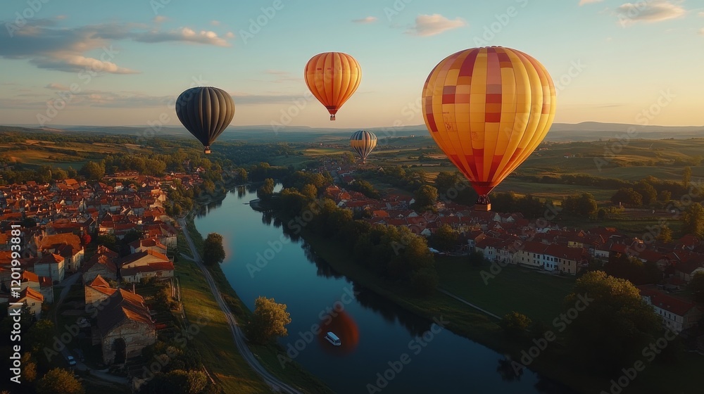 Breathtaking aerial view of hot air balloons drifting over a charming European village at golden hour offering a sense of adventure and tranquility Breathtaking aerial view of hot air balloons drifting over a charming European village at golden hour offering a sense of adventure and tranquility