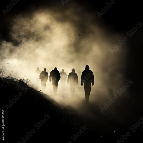 Silhouette of people walking in a mysterious, foggy landscape, evoking a sense of adventure and exploration in a surreal and enigmatic atmosphere. photo