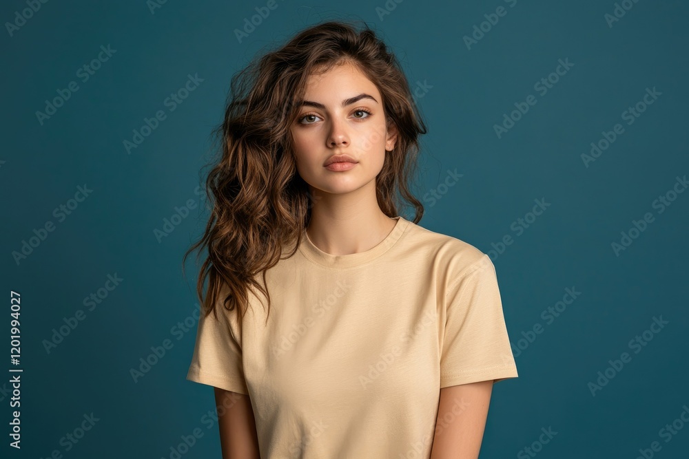 High Definition Visual of Beautiful Woman in Basic Beige Tshirt with Design Space High Definition Visual of Beautiful Woman in Basic Beige Tshirt with Design Space