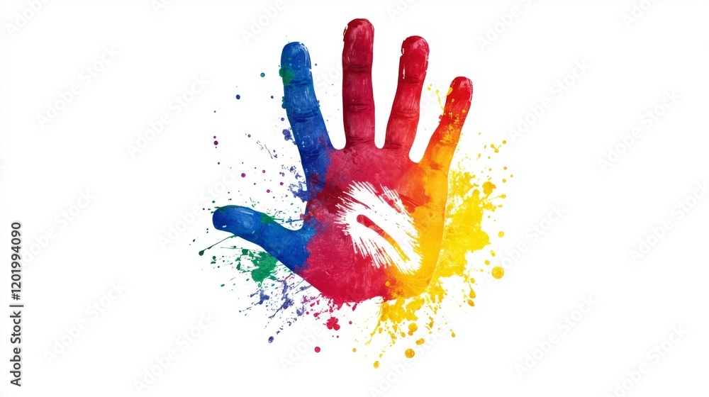 A colorful handprint displays creativity and expression through vibrant paint strokes. This artwork symbolizes individuality and artistic exploration. Generative AI