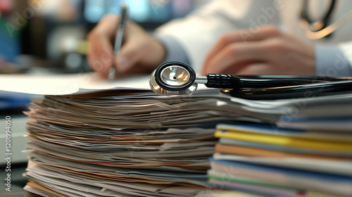 a stethoscope lying on a stack of documents or medical records. In the background, a man in a white coat can be seen, who is probably a doctor. He's writing something on paper.