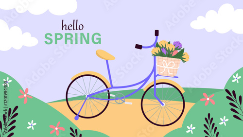 Hello spring greeting banner with bicycle and flower basket. Floral springtime hand drawn illustration.