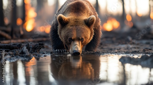 The captivating image of a grizzly bear near a puddle captures the contrast between life and destruction, emphasizing nature's unyielding cycle even in adversity. photo