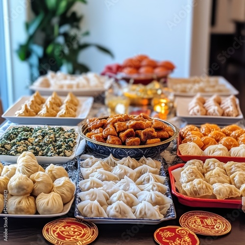 Traditional food table with dumplings, nian gao, and gold symbols for Chinese New Year, symbolizing prosperity, family togetherness, and cultural traditions during the festive celebration. photo