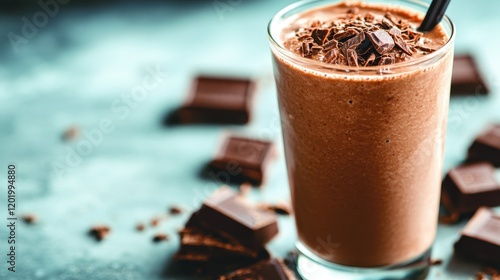 A luscious chocolate smoothie topped with rich chocolate pieces is arranged artfully, inviting chocolate lovers to indulge in its creamy goodness and delightful appearance. photo