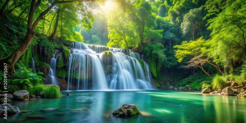A tranquil waterfall scene with a lush green forest behind the falls, stream, landscape, trees A tranquil waterfall scene with a lush green forest behind the falls, stream, landscape, trees