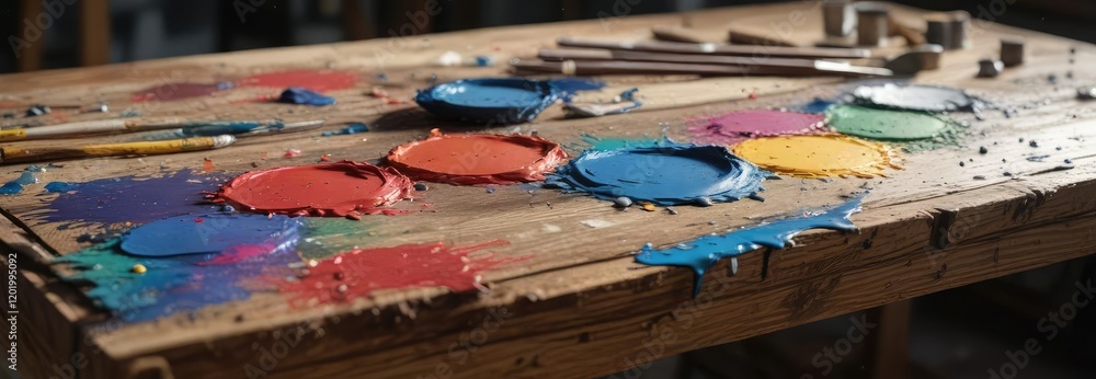 Fototapeta premium A paint-splattered palette on a wooden workbench in an art studio, messy workspace, palette setup, creative zone