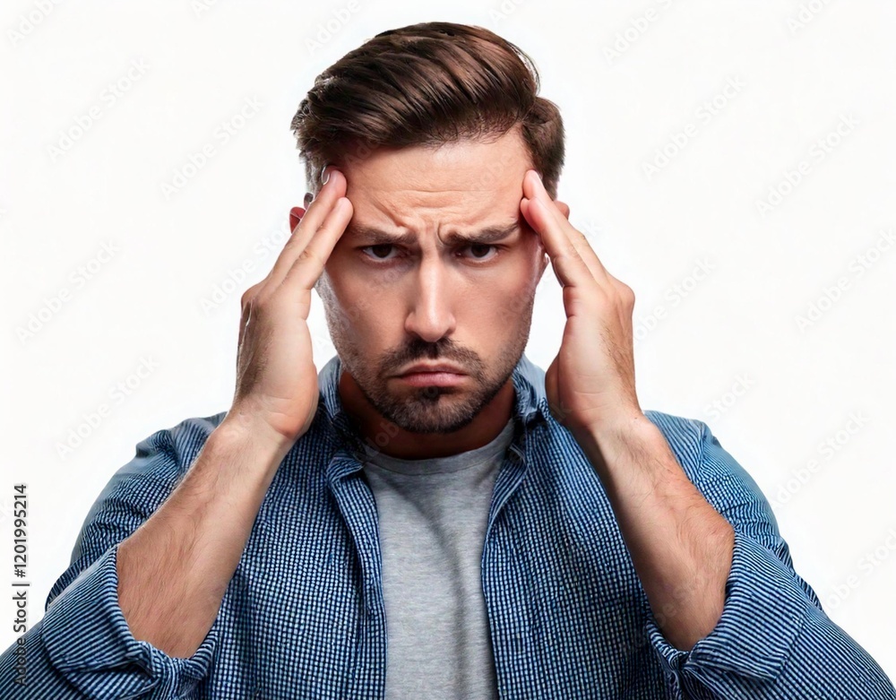 Young man showing how much head hurts, experiencing pain, looking miserable and exhausted. Headache concept, isolated on white background Young man showing how much head hurts, experiencing pain, looking miserable and exhausted. Headache concept, isolated on white background