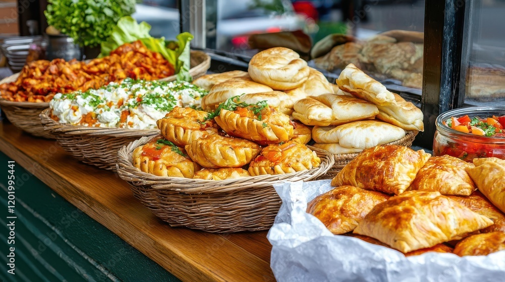 Fototapeta premium Latin american festival food. A warm and cheerful display of Bolivian street food during a celebration, showcasing local delicacies