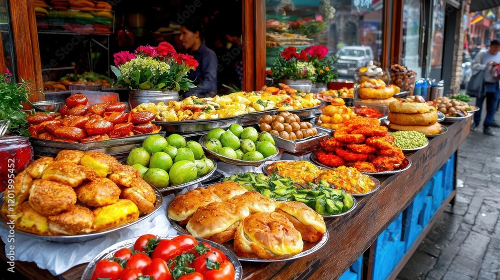 Latin american festival food. A warm and cheerful display of Bolivian street food during a celebration, showcasing local delicacies Latin american festival food. A warm and cheerful display of Bolivian street food during a celebration, showcasing local delicacies