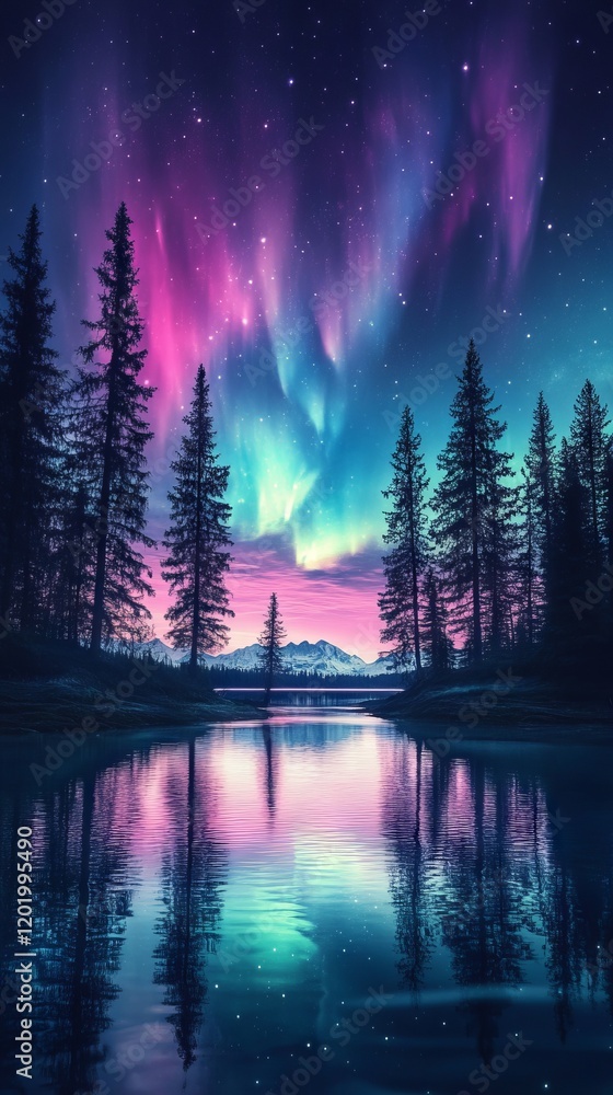 Aurora Borealis reflected in a tranquil lake. Aurora Borealis reflected in a tranquil lake.