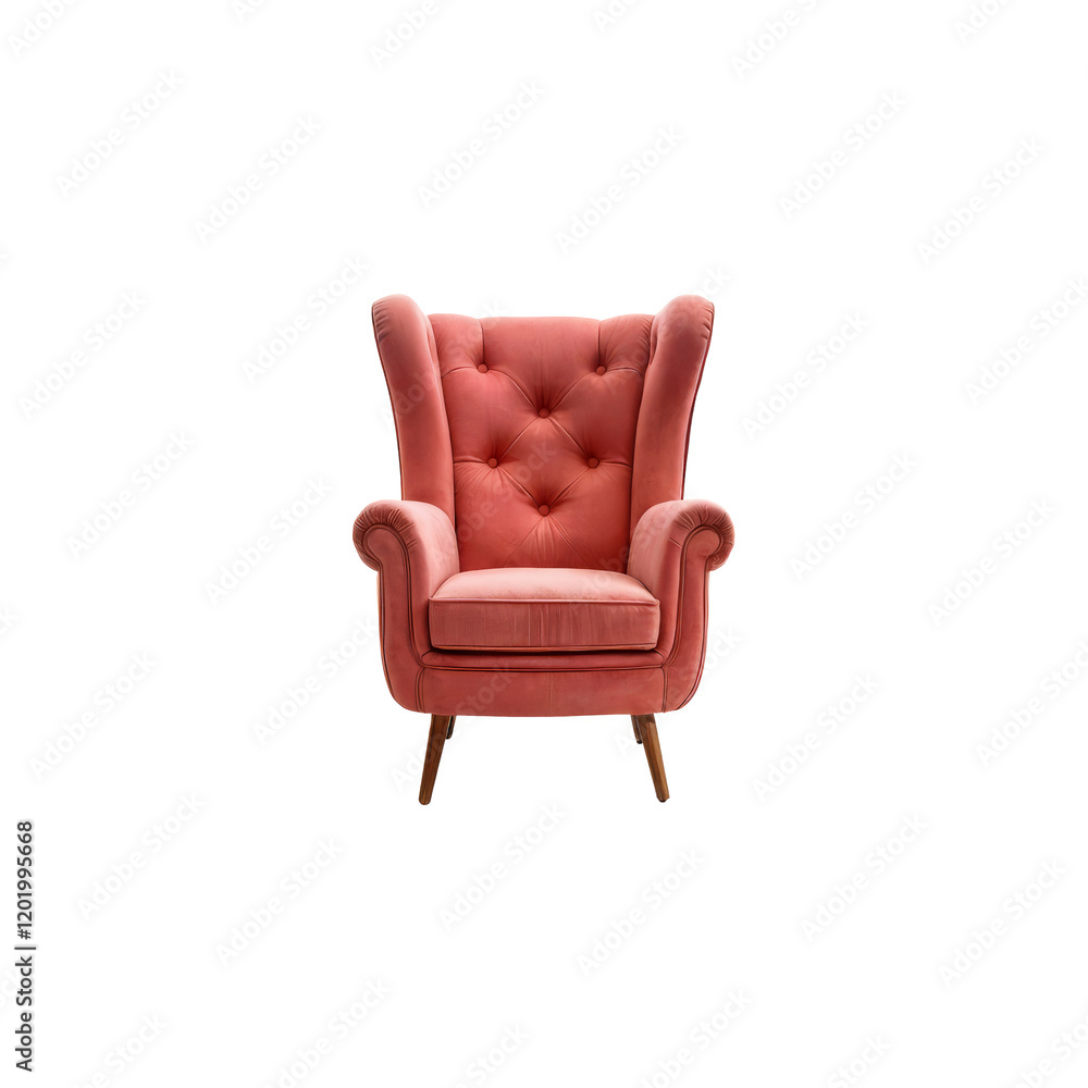 Pink Wingback Armchair: A sophisticated and comfortable pink wingback armchair, upholstered in soft velvet with button tufting, stands invitingly in the center of the frame. Pink Wingback Armchair: A sophisticated and comfortable pink wingback armchair, upholstered in soft velvet with button tufting, stands invitingly in the center of the frame.