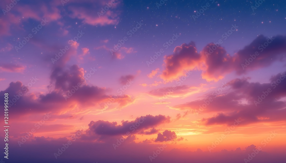 Fototapeta premium Stunning Sunset Sky Purple Orange Cloudscape Night Stars