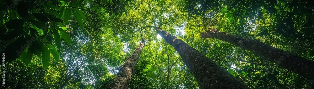 Fototapeta premium Upward View Through Dense Tropical Forest Canopy Showcasing Rich Biodiversity and Natural Ecosystem Supporting Environmental Sustainability in Carbon Reduction Process