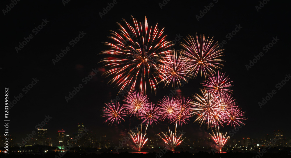 A vibrant fireworks show with bursts of red, white, and green. A vibrant fireworks show with bursts of red, white, and green.