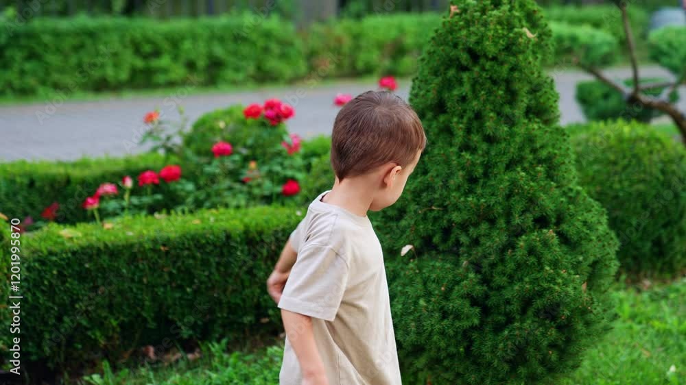 Kid walks near the green bushes and beautiful flower bed. Lovely kid in the park in summer. Kid walks near the green bushes and beautiful flower bed. Lovely kid in the park in summer.